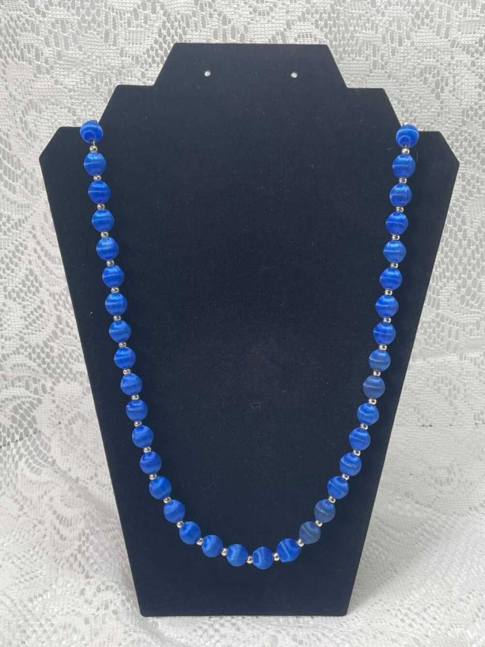 Blue Beaded Necklace With Silver Accents For Women Handmade 18-Inch Length